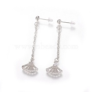 Brass Cubic Zirconia Stud Earrings, with Cable Chains, Fan Shape, Platinum, 55~57mm, Pin: 0.8mm(EJEW-J097-F01-P)