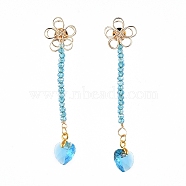 Stud Earrings, with Heart Glass Charms, Rondelle Glass Beads, Iron Stud Earring Findings, Brass Wire Beads & Ear Nuts, Deep Sky Blue, 64mm, Pendant: 14x10x5.9mm, Pin: 0.6mm(EJEW-JE03889-02)