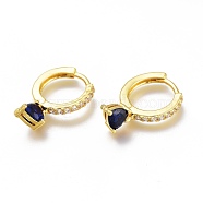 Brass Micro Pave Cubic Zirconia Huggie Hoop Earrings, Long-Lasting Plated, Ring with Heart, Golden, Dark Blue, 21mm, Pin: 1x0.7mm(ZIRC-H102-14B-G)