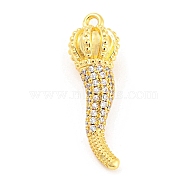 Rack Plating Brass Micro Pave Cubic Zirconia Pendants, Long-Lasting Plated, Lead Free & Cadmium Free, Horn Charm, Real 18K Gold Plated, 30.5x9mm, Hole: 1.8mm(ZIRC-F140-01G)