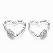 Brass Micro Pave Clear Cubic Zirconia Screw Carabiner Lock Charms, for Necklaces Making,  Heart, Platinum, 20.5x24x2mm, Screw: 7x5.5mm(ZIRC-T010-11P)