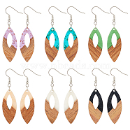 6 Pair 6 Color Resin & Wood Dangle Earrings with Iron Pins, Horse Eye, Mixed Color, 59x15.5mm, 1 Pair/color(EJEW-AB00031)
