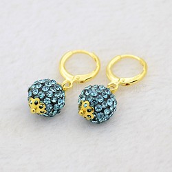 Dangling Round Ball Resin Rhinestone Earrings, with Golden Plated Brass Leverback Hoop Earring Settings, Aquamarine, 30mm, Pin: 1mm(EJEW-J080-03G)