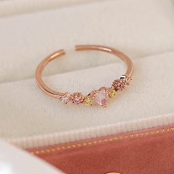 Adjustable Brass Micro Pave Cubic Zirconia Open Cuff Rings for Women, Heart, Rose Gold, Inner Diameter: 17mm(EC9353-3)
