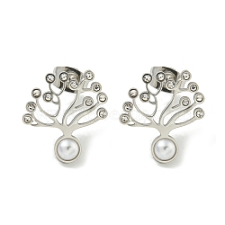 304 Stainless Steel & Rhinestone & ABS Plastic Pearl Stud Earrings, Polished, Tree of Life, Stainless Steel Color, 16x15mm(EJEW-G400-05P)