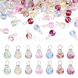 70Pcs 7 Colors Baking Painted Transparent Glass Pendants, with Silver Tone Iron Loops, Teardrop Charms, Mixed Color, 15x8mm, Hole: 2mm, 10Pcs/color(PALLOY-TA0002-48)