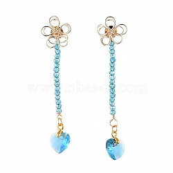 Stud Earrings, with Heart Glass Charms, Rondelle Glass Beads, Iron Stud Earring Findings, Brass Wire Beads & Ear Nuts, Deep Sky Blue, 64mm, Pendant: 14x10x5.9mm, Pin: 0.6mm(EJEW-JE03889-02)