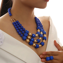 Alloy with Acrylic Barrel Beaded Multilayer Necklaces & Dangle Earrings Sets, Dark Blue, 470mm(WG533CF-01)