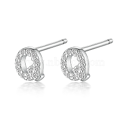 Anti-Tarnish Rhodium Plated 925 Sterling Silver Initial Letter Stud Earrings, with Cubic Zirconia, Platinum, Letter Q, 5x5mm(HI8885-17)