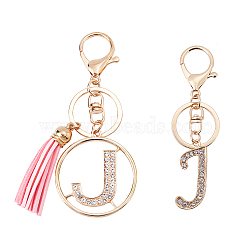 2Pcs 2 Style Alloy Rhinestone Keychain Sets, with Lobster Claw Clasps and PU Leather Tassel, Alphabet, Letter.J, 1pc/style, 102mm, J: 43x17x3mm(KEYC-WR0001-01J)