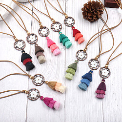 Alloy Pendant Necklaces, Sweater Necklaces, with Nylon Tassel and Faux Suede Cord, Shell, Red Copper, Mixed Color, 29.1 inch(74cm)(NJEW-F270-02)