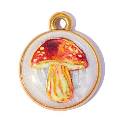 Printed 304 Stainless Steel with Enamel Pendants, Ion Plating(IP), Flat Round with Mushroom Charms, Hand Polished, Orange Red, Real 18K Gold Plated, 18x15mm, Hole: 2mm(SA-OY002-76G)