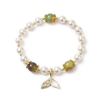 Dyed Natural Peacock Agate & Shell Pearl Round Beaded Stretch Bracelet, Clear Cubic Zirconia Whale Tail Charms Gemstone Bracelet for Women, Real 18K Gold Plated, Inner Diameter: 2-1/8 inch(5.3cm)
