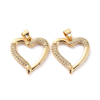 Brass Micro Pave Clear Cubic Zirconia Pendants, Long-Lasting Plated, Heart, Real 18K Gold Plated, 20x20x2mm, Hole: 2.8x3.5mm