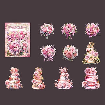 10 Style Waterproof PET Stickers Set, Decorative Stickers, Romantic Witness Series Bouquet Cake Theme, Deep Pink, 60~80x55~68x0.1mm