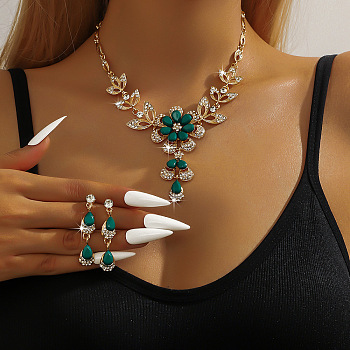 Alloy Rhinestone Stud Earrings & Necklaces Sets for Women, Teardrop & Flower, Emerald, 375mm