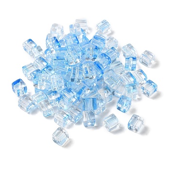 Two Tone Transparent Glass Beads, Cube, Light Sky Blue, 6x6x7mm, Hole: 1.4mm, about 500pcs/bag
