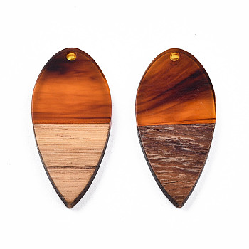Transparent Resin & Walnut Wood Pendants, Teardrop Shape Charm, Chocolate, 38x18x3mm, Hole: 2mm