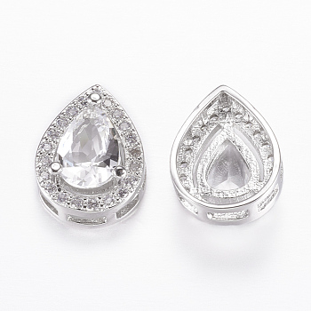 Brass Micro Pave Cubic Zirconia Slide Charms, Rack Plating & Long-Lasting Plated, Cadmium Free & Nickel Free & Lead Free, Real Platinum Plated, teardrop, 16x12x7.5mm, Hole: 1.5x2~6mm