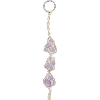 Natural Raw Amethyst Pendant Decoration, Cord Macrame Car Hanging Ornament, 320~330mm