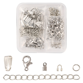 DIY Jewelry Making Finding Kit, Including Zinc Alloy Lobster Claw Clasps, Iron Open Jump Rings & Folding Crimp Ends & End Chains, Brass Snap on Bails & Wire Guardian, Platinum, 200Pcs/box