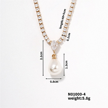 Elegant Pearl Pendant with Shiny Diamond Chain Necklace Jewelry for Women, 15.75 inch(40cm)