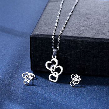 304 Stainless Steel Pendant Necklace & Stud Earring, Stainless Steel Color, 3 Hearts, 450mm