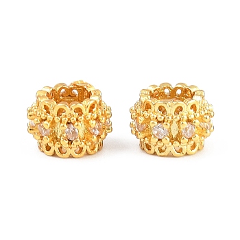 Brass Micro Pave Clear Cubic Zirconia European Beads, Large Hole Beads, Barrel, Rack Plating, Long-Lasting Plated, Lead Free & Cadmium Free, Golden, 8x5mm, Hole: 4mm