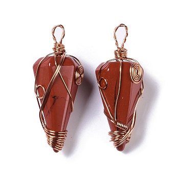 Natural Red Jasper Copper Wire Wrapped Big Pendants, Faceted Cone Charms, Rose Gold, 50~50.5x16.5x18~19mm, Hole: 8x3.5~4mm
