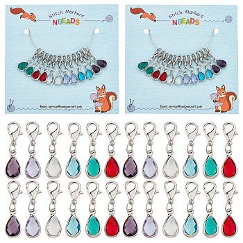 12Pcs 6 Colors Teardrop Glass Pendant Decorations, with Platinum Tone Zinc Alloy Lobster Claw Clasps, Mixed Color, 28mm, Pendant: 13.5x7.5x4mm, 2pcs/color