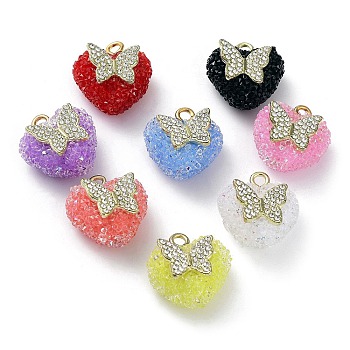 Druzy Resin Pendants, Heart Charms with Rack Plating Golden Tone Brass Pave Crystal Rhinestone Butterfly, Mixed Color, 20x19x12mm, Hole: 2mm