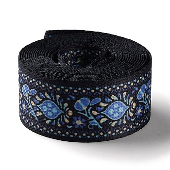 Ethnic Style Embroidery Polyester Ribbons, Jacquard Ribbon, Flower Pattern, Royal Blue, 1-1/2 inch(37.5mm)