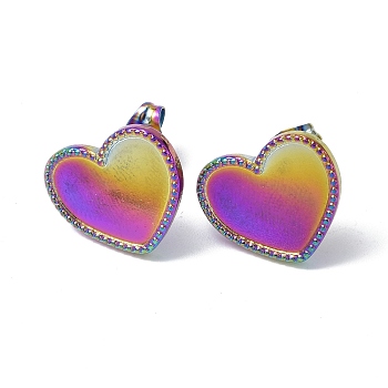 Ion Plating(IP) 304 Stainless Steel Stud Earring Findings, Heart Tray Earring Settings, with Ear Nuts, Rainbow Color, Tray: 9x13mm, 13x15mm, Pin: 0.7mm