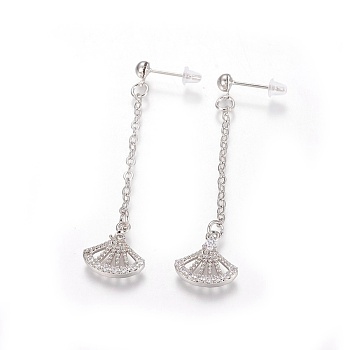 Brass Cubic Zirconia Stud Earrings, with Cable Chains, Fan Shape, Platinum, 55~57mm, Pin: 0.8mm