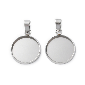 304 Stainless Steel Pendant Cabochon Settings, Flat Round Charms, Stainless Steel Color, Tray: 16mm, 21.5x17.5x2mm, Hole: 6x3.5mm