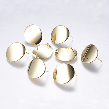 Brass Stud Earring Findings, with Loop, Oval, Real 18K Gold Plated, 22.5x19x1mm, Hole: 2mm, Pin: 0.5mm