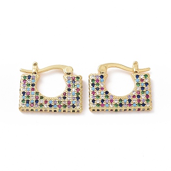 Cubic Zirconia Rectangle Hoop Earrings, Real 18K Gold Plated Brass Jewelry for Women, Colorful, 19x16x2.5mm, Pin: 16x1~1.4mm