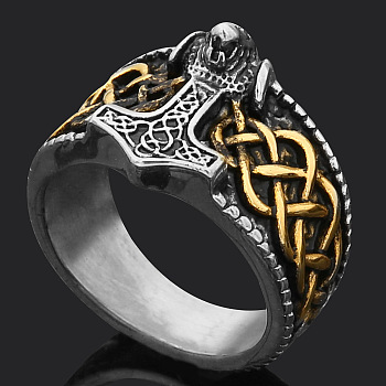 Viking 304 Stainless Steel Finger Rings for Men, Anchor with Wolf Head, Antique Silver & Antique Golden, US Size 11(20.6mm)