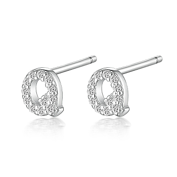Rhodium Plated 925 Sterling Silver Initial Letter Stud Earrings, with Cubic Zirconia, Platinum, Letter Q, 5x5mm