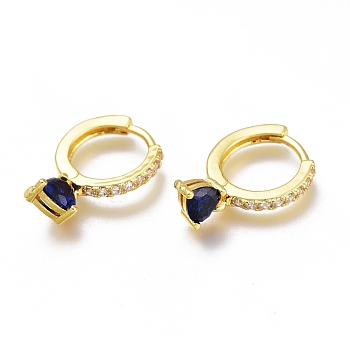 Brass Micro Pave Cubic Zirconia Huggie Hoop Earrings, Long-Lasting Plated, Ring with Heart, Golden, Dark Blue, 21mm, Pin: 1x0.7mm