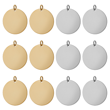 304 Stainless Steel Charms, with Jump Rings, Blank Stamping Tag, Flat Round, Golden & Stainless Steel Color, 25x1mm, Hole: 3.5mm, 6pcs/color