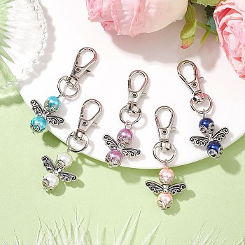 Angel Glass Pearl Pendant Decorations, with Alloy Clasps, Mixed Color, 57mm, 5pcs/set