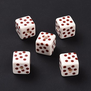 Opaque Printed Acrylic Beads, Cube with Polka Dot Pattern, Dark Red, 13.5x13.5x13.5mm, Hole: 3.8mm
