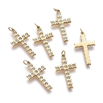 316 Surgical Stainless Steel Pendants, with Crystal Rhinestone and Jump Rings, Cross, Golden, 18x10x1.5mm, Hole: 2.5mm