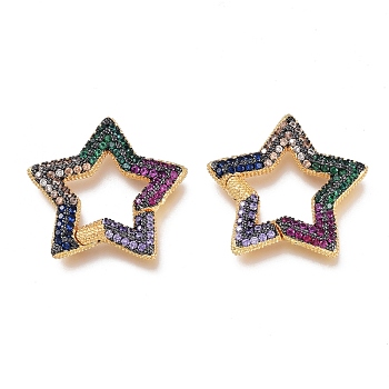 Brass Micro Pave Cubic Zirconia Spring Gate Rings, Star, Golden, Colorful, 23.5x23.5x2.5mm, Inner diameter:11.5x11.5mm