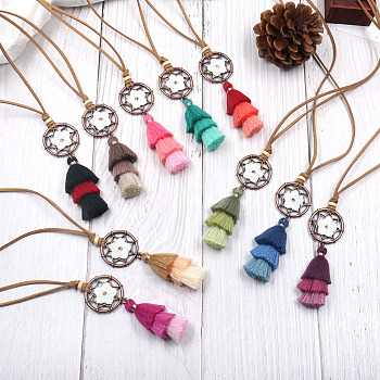 Alloy Pendant Necklaces, Sweater Necklaces, with Nylon Tassel and Faux Suede Cord, Shell, Red Copper, Mixed Color, 29.1 inch(74cm)