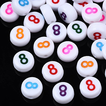 White Opaque Acrylic Beads, Flat Round with Mixed Color Number, Num.8, 7x3.5mm, Hole: 1.2mm, about 3800pcs/500g