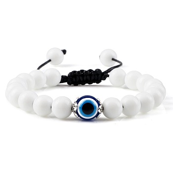 Evil Eye Beaded Bracelets, Round Natural White Jade Adjustable Bracelets for Women