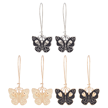 ANATTASOUL 3 Pair 3 Color Enamel Butterfly with Skull Hoop Earrings, Alloy Jewelry for Women, Mixed Color, 58mm, Pin: 0.8mm, 1 Pair/color