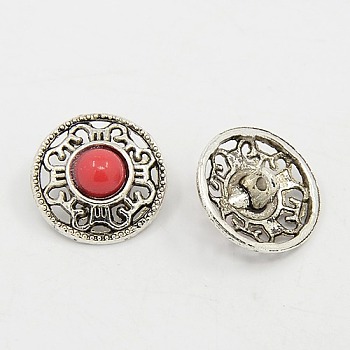 Flat Round Alloy Resin Shank Buttons, 1-Hole, Antique Silver, Indian Red, 18x10mm